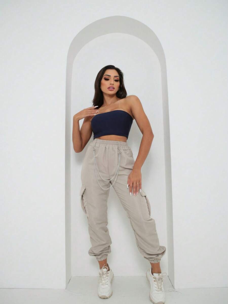 Cargo Jogger Pants With Chain And Side Pockets Streetstyle Letter Casual Party Pocket Type - Màu Khaki - Xem 1
