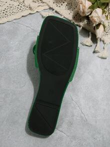 European & American Style Plus Size Women Comfy Simple Strap Large Flower Square Toe Flat Slide Sandals, Casual Fashion Outdoor Beach Summer Shoes - Green - View 8