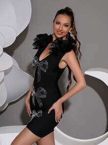 黑色性感无袖深V领重工立体花朵闪钻修身迷你绑带连衣裙优雅浪漫生日派对婚礼伴娘服宾客节日女士舞会礼服连衣裙 - 黑色 - 查看 6