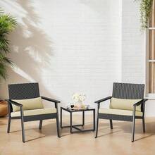 3-Piece Wicker Small Outdoor Patio Furniture Set With Glass Table For Balcony, Porch, And Garden (Gray) - 米色 - 查看 9