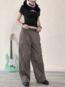 Camiseta de estilo callejero punk con estampado gótico de calavera de manga corta retro - Negro - Ver 7