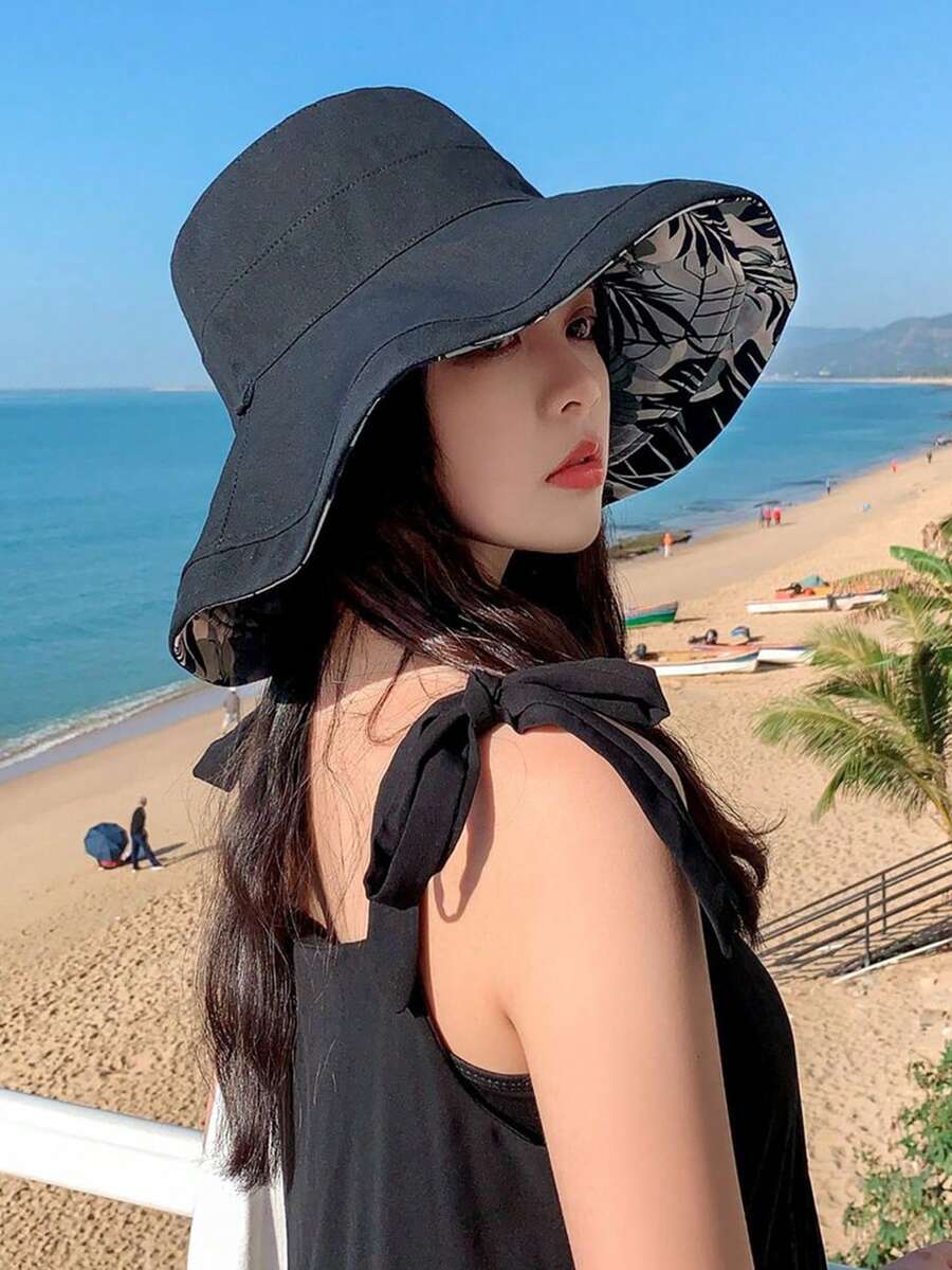 1pc Outdoor Wide Brim Sun Hat, Double-Sided Floral Pattern Reversible Sun Protection Beach Hat, UV Protection Bucket Hat