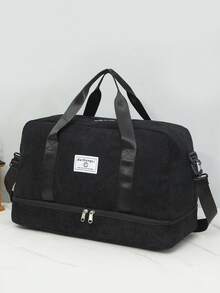 Neutral Solid-Color Corduroy Multi-Functional Travel Luggage. It Has A Large Capacity For Storing Items, With An Independent Shoe Compartment And A Wet-Dry Separation Bag. It Can Be Carried As A Crossbody Bag, Shoulder Bag Or Handbag. The Adjustable Shoulder Strap Is Detachable. Suitable For Traveling, Vacationing, Sports And Fitness, Etc. - Black - View 6