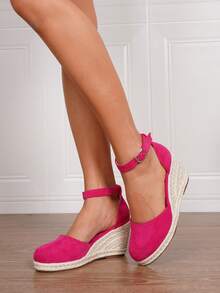 Women's Minimalist Ankle Strap Espadrilles, Vacation Faux Leather Metal Buckle Navy Suede Jute Rope Bottom, Blue Platform Wedge Heel Slip-On Loafers - Hot Pink - View 4