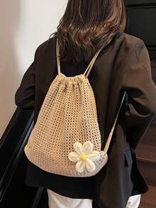 1pc Hollow Mesh Design Beach Bag, Spring/Summer New Women Fashion, Beach Holiday Style, Floral Decor, Woven Rope Bag, Drawstring Backpack, Niche Style, Daily & Holiday Use, Lightweight, Foldable & Portable, Women Fashion Backpack - Khaki - View 4