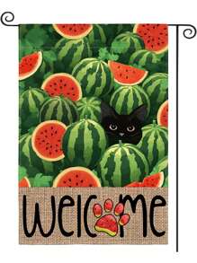 12 X 18 Inch Watermelon Summer Garden Flag, Double-Sided Outdoor, Black Cat Welcome Flag, For Outdoor Yard