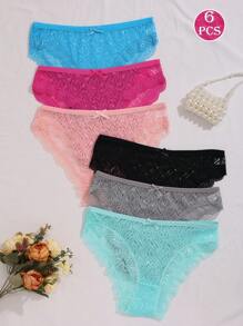 6pcs Solid Color Romantic-Style French Knit Fabric Bow Decor Breathable Lace Women's Panties