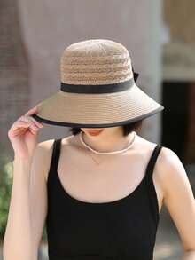 1pc Women Summer Sun Hat, Fashionable Simple Large Brim Hat With Bow, Versatile Sun Protection Hat For Summer - Multicolor - View 6