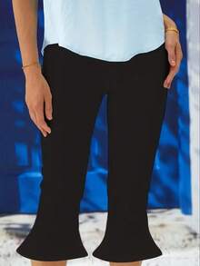 Women's Casual Stretch Capri Flared Pants, Solid Color Knit Polyester, Elastic Waist With Flared Hem, Suitable For Spring And Summer, All Season Base Layer Flared Pants - Black - View 2