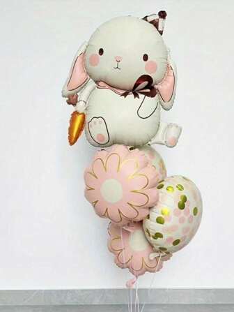 5pcs Bunny Radish Daisy Round Balloon Set, Birthday Party Celebration Decoration, Festival Party Atmosphere Decor