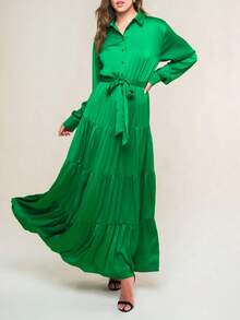 Rochie lungă de damă, de culoare solidă, elegantă, cu centură în talie, cu nasturi, cu volane - Verde - Vizualizare 3