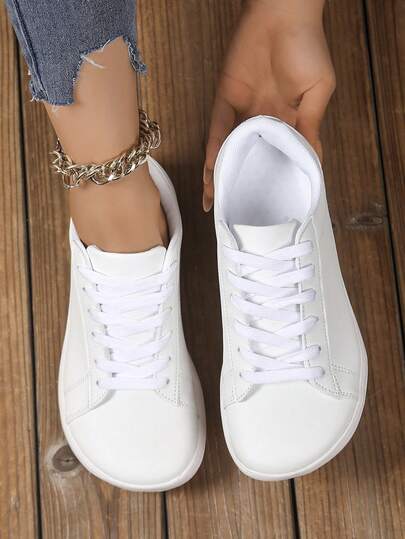 Women's Wide Fit Minimalist Sports Shoes, Leather Upper With Front Lace-Up Decoration, Suitable For Outdoor Activities