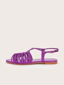 Deep Purple Handmade Woven Strap Woven Face With Twist Knot Craft, Stone Texture Material, Fashionable Women's Flat Sandals, Woven Texture And Stone Texture Are Random - Dark Purple - View 4