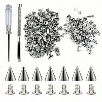 Pack Of 100 Punk Rivets Screwdriver Punching Tool,7 X 9.5 Mm, Rustproof Decorative Rivets, Clothing Screw Rivets, DIY Rivets, Screw-On Rivets, Metal Gothic Spikes, Decorative Rivets, Pointed Rivets For Bags, Clothes, Shoes