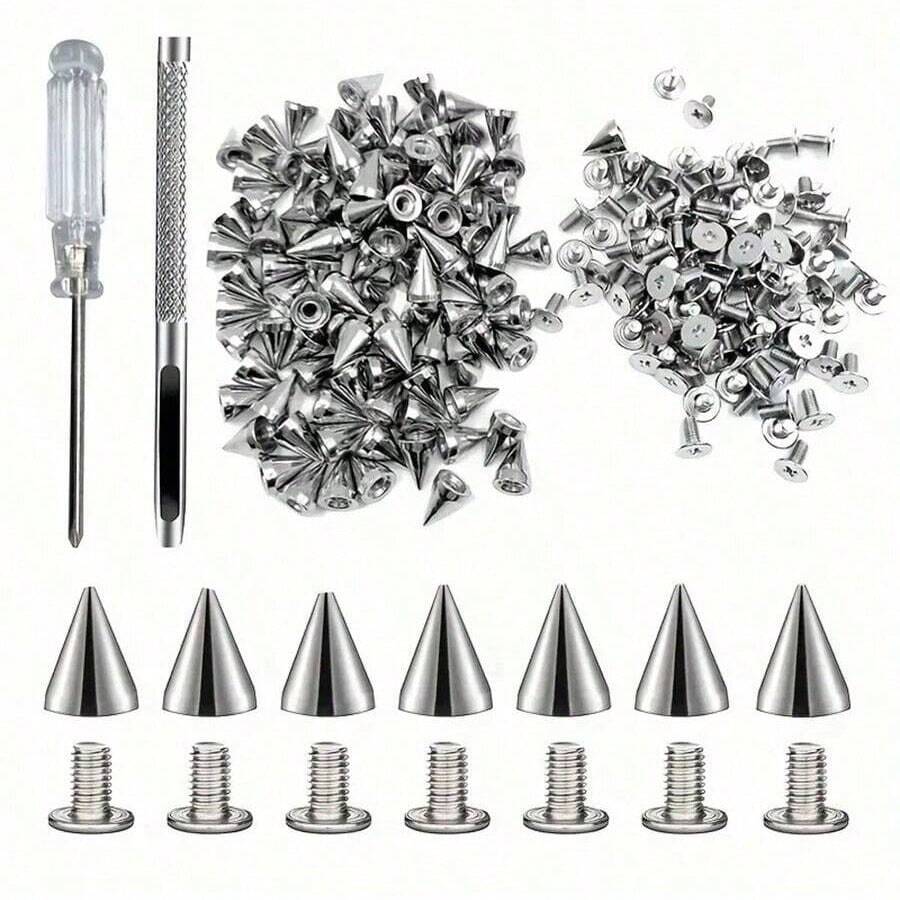 Pack Of 100 Punk Rivets Screwdriver Punching Tool,7 X 9.5 Mm, Rustproof Decorative Rivets, Clothing Screw Rivets, DIY Rivets, Screw-On Rivets, Metal Gothic Spikes, Decorative Rivets, Pointed Rivets For Bags, Clothes, Shoes