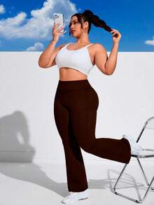 Flare Ballerina Pants Plus Size Thick Fabric High Waist In Suplex Polyester Comfort With Wolfox - 鏽棕色 - 查看 3