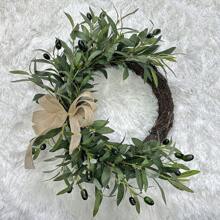 1 Peça Grinalda de Azeitona Verde Artificial com Flores Brancas e Fita - Perfeito para Decoração Rústica Interna/Externa, Parede ou Janela, Ótimo para Casa, Festivais, Decorações de Casamento