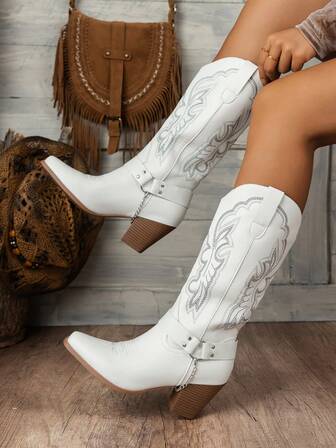 Women's 2024 Spring & Autumn New Embroidered White Western Boots, Outdoor Casual Fashion Slip-On Buckle Chain Mid-Calf Boots,Cowboy Boots