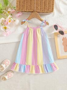 Baby Girls Toddler Cute Colorful Striped Floral Print Strap Bow Dress, Ruffled Hem, Multi-Color, Suitable For Newborn To 3 Years Old, Spring/Summer Outdoor Or Daily Wear