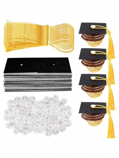 100/50/25/10pcs Graduation Cap Cupcake Toppers, Gold Tassel Chocolate Graduation Cap Decor, Suitable For Graduation Party, Graduation Ceremony, Cake & Chocolate Decoration