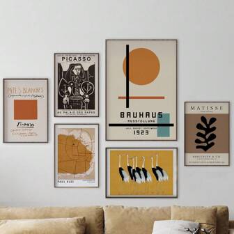 1/3 pièces Oeuvres murales, affiches d'art célèbres, style moderne du milieu du siècle, impression Picasso Matisse Klee Bauhaus, motifs géométriques, art typographique, affiches d'art animalier sans cadre, décoration orange japonaise, idée de cadeau avec cadre en option