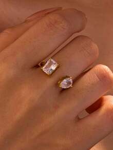 几何 Ins 风格不锈钢锆石开口戒指，高档戒指设计，精致轻奢女士珠宝，女士日常派对配饰，时尚珠宝，最佳朋友礼物 - 金色 - 查看 5