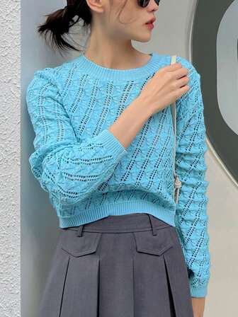 Solid Color Hollow Out Knitted Crew Neck Long Sleeve Cropped Sweater