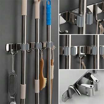 1个带挂钩的扫帚拖把架，壁挂式自粘防滑不锈钢扫帚架，这款结实耐用的拖把扫帚架可帮助您整理家居，浴室配件