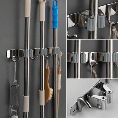 1个带挂钩的扫帚拖把架，壁挂式自粘防滑不锈钢扫帚架，这款结实耐用的拖把扫帚架可帮助您整理家居，浴室配件