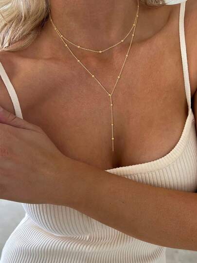 1pc Long Y-Shape Chain Pendant Necklace With Alloy Ball Beads, Suitable For Parties, Outfits, Daily Wear, Gift-Giving (Handcrafted Chain Cut To Appropriate Length, Bead Quantity Adjustable) Back To School