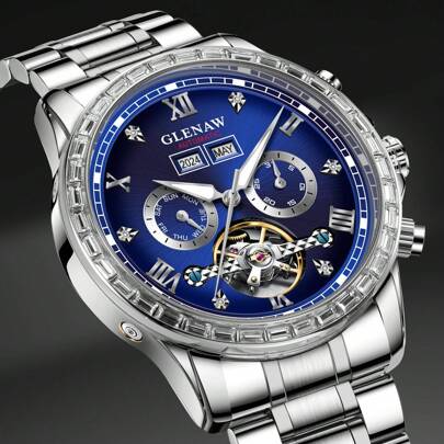 Automatic Watch For Men- Luxury Crystal Bezel Complete Calendar Mechanical Day Date Tourbillon Watch For Men Luminous With Stainless Strap