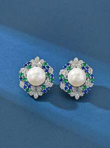 4 pièces Ensemble de bijoux en argent 925 avec perles et cubic zirconia, élégant et luxueux, comprenant un collier, une bague et des boucles d'oreilles. Convient pour le mariage (mariée/demoiselles d'honneur), l'anniversaire, les récompenses d'employés et le port quotidien