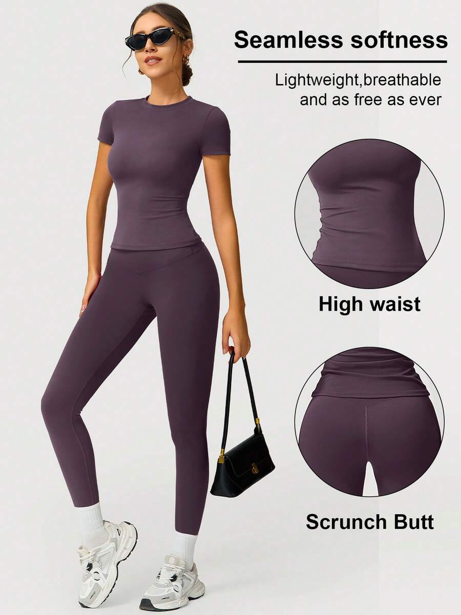 2pcs/Set Women's Soft Moisture-Wicking Crew Neck Short Sleeve Top And Stretchy Yoga Pants - Purple - View 1