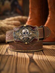 1 pieza Cinturón de estilo vaquero occidental bohemio unisex con hebilla con diseño de animal, marrón oscuro vintage, informal para todas las estaciones