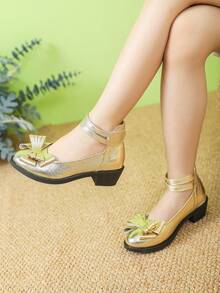 Children High Heel Shoes, Little Girls Gold Flower Shoes - Gold - View 1