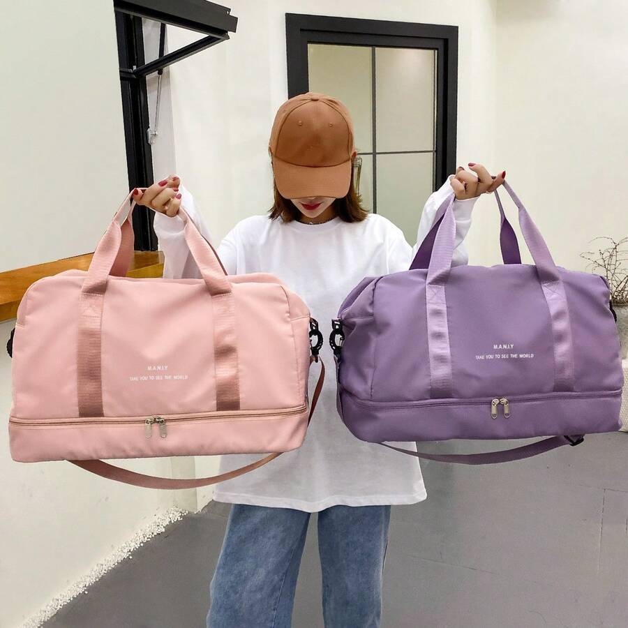 Solid-Color Nylon Luggage Bag. Large Capacity For Overnight Trips During Holidays. Handheld Zipper Bag. Suitable As A Gym, Sports And Yoga Bag. Multi-Functional With Independent Shoe Compartment. Dry-Wet Separation Bag For Storage. Ideal For Going On Vacation, Skiing, Exercising, Students Returning To School, And As A Hospital Bag For Packing Personal Items. Portable Shoulder Bag. - Baby Pink - View 1