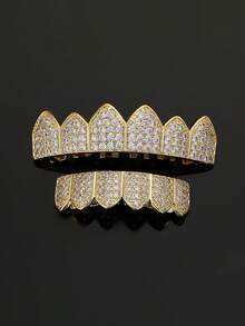 2pcs Copper Rhinestone Diamond Shape Grillz Set, Hiphop Style Plain 6-Teeth Grill Suitable For Men And Women, Daily Wear And Summer Gift - Multicolor - View 3