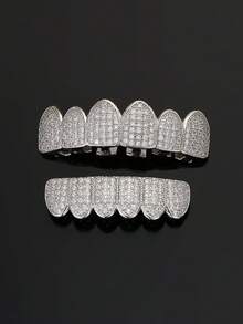 2pcs Copper Rhinestone Diamond Shape Grillz Set, Hiphop Style Plain 6-Teeth Grill Suitable For Men And Women, Daily Wear And Summer Gift - Multicolor - View 6
