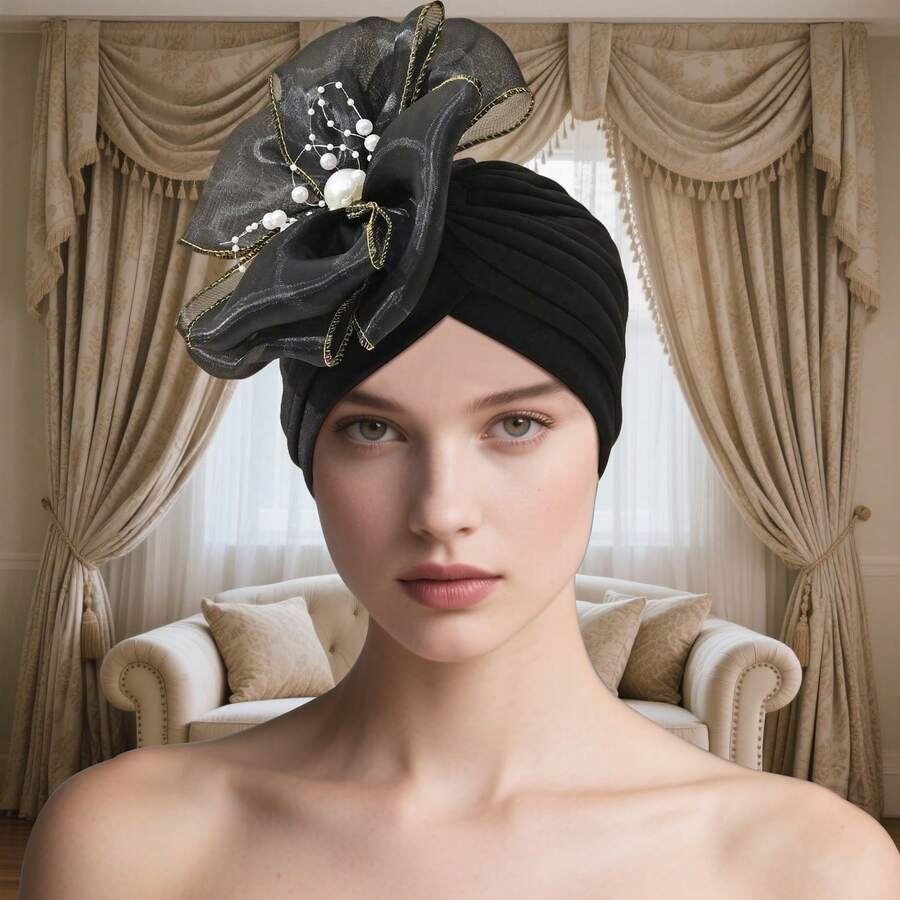 1pc Women's Elegant Pleated Solid Color Headband Cap, Fashion European & American Style With Mesh Floral Feather Decoration, Suitable For Tea Party, Cocktail Party And Wedding - Multicolor - View 1
