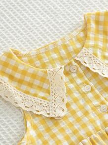 Young Girls Sweet And Cute Style Grid Print Woven Fabric Lace Trim Collar Tank Dress For Summer