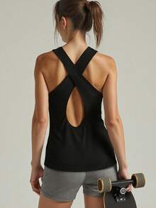 Women's Fitness Criss-Cross Strap Sports Tank Top, Gym Workout Casual Sleeveless Shirt - Black - View 2