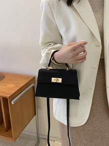 Fashionable Solid Color PU Embossed Flap Metal Closure Handbag - Black - View 6