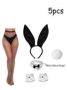 5Pcs Bunny Costume, Cosplay Cartoon Character Costumes, Bunny Ear Headband, Bowknot, Cuff And Tail + Fishnet Stocking Suit, Suitable For Disco,Dance Party, Ladies And Girls Prom Halloween - Multicolor - View 2