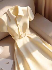 女士奶油黄色短袖长裙，夏季时尚 - 黃色 - 查看 7