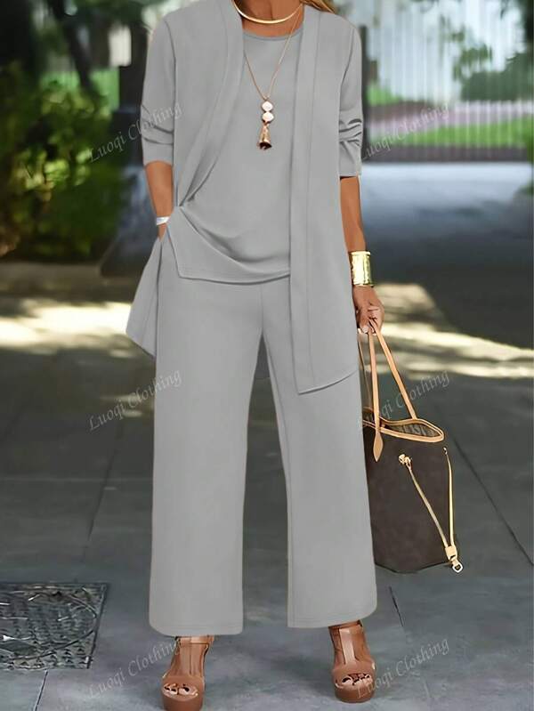 3pcs Set Women Casual Solid Color Outfit - Jacket, Round Neck Sleeveless Tank Top, Elastic Waist Draped Pocket Straight Leg Pants, For Work Commute, Spring Autumn Winter