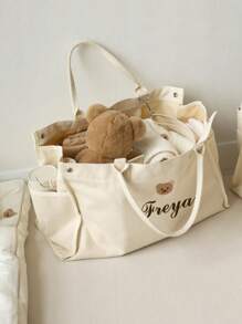 1pc Embroidered Bear & Customizable Letter Tote Bag, Large Capacity Fashion Handbag, Breastfeeding Diaper Bag For Moms, Canvas Tote Bag With Customizable Name, Maternity & Baby Storage Bag, Commuter Mom Bag,Multi-Functional,Ornamental,Letter,Stylish,Modern,Colorful,Cute,Adorable,Casual,Custom,Personalised,Unique,Customized,Ideal Gifts For Him,Ideal Gifts For Her Back To School