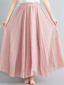 LUCIDVUE 1 件女式复古亚麻双层高腰裙，飘逸休闲优雅夏季毕业裙，纯色海滩度假 A 字裙 - 珊瑚粉 - 查看 5