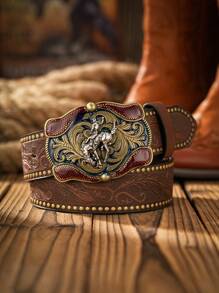 1 pieza Cinturón de estilo vaquero occidental bohemio unisex con hebilla con diseño de animal, marrón oscuro vintage, informal para todas las estaciones