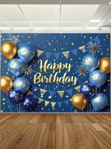 1pc 3D Blue And Gold Happy Birthday Photography Backdrops Glitter Stars Fireworks Balloons Flags Photo Background 59.1*39.4/82.7*59.1/106.3*70.9 Inches Newborn Shower Party Banner Indoor Outdoor Decoration Supplies