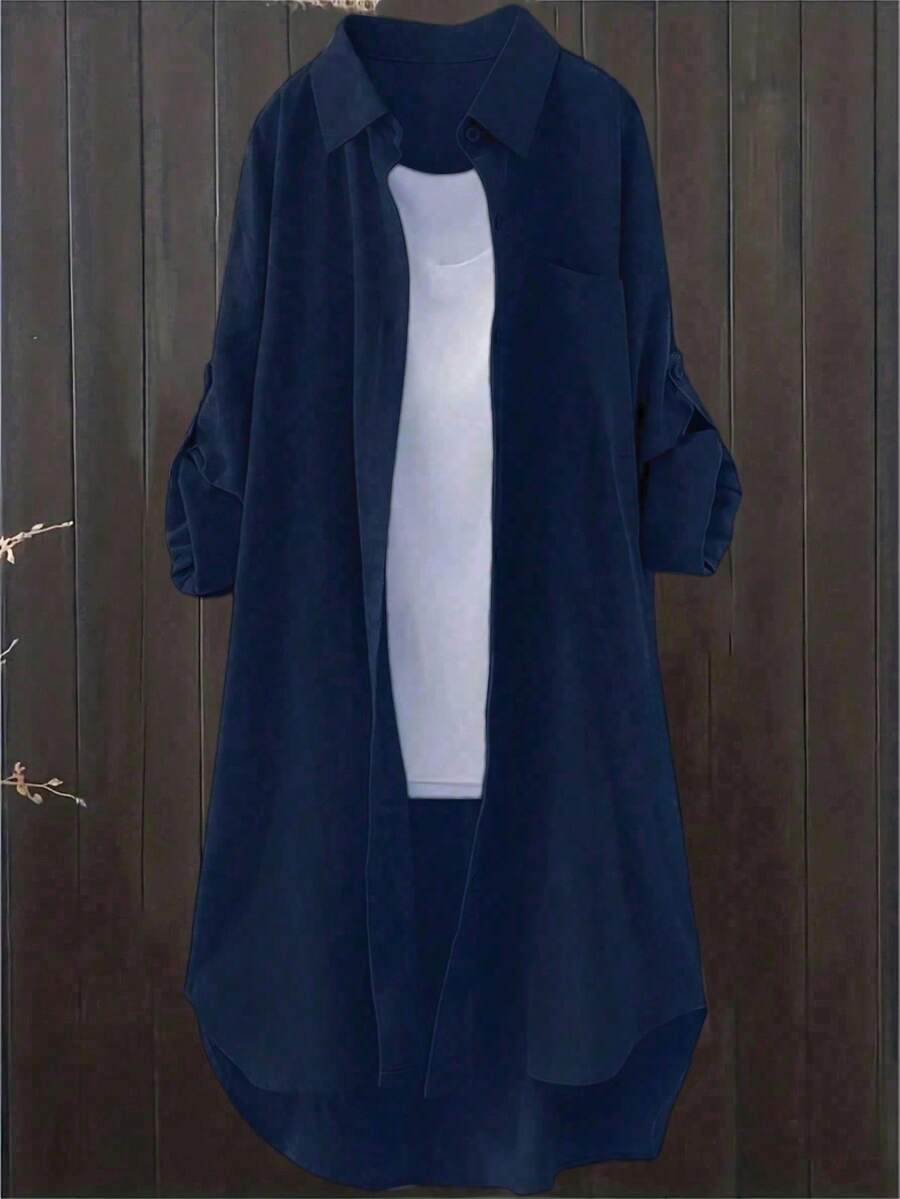 女士休闲纯色卷袖衬衫,春秋 - 藏蓝色 - 查看 1